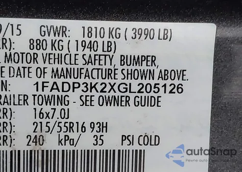 2016 Ford Focus Se z USA, uszkodzony, nr VIN 1FADP3K2XGL205126